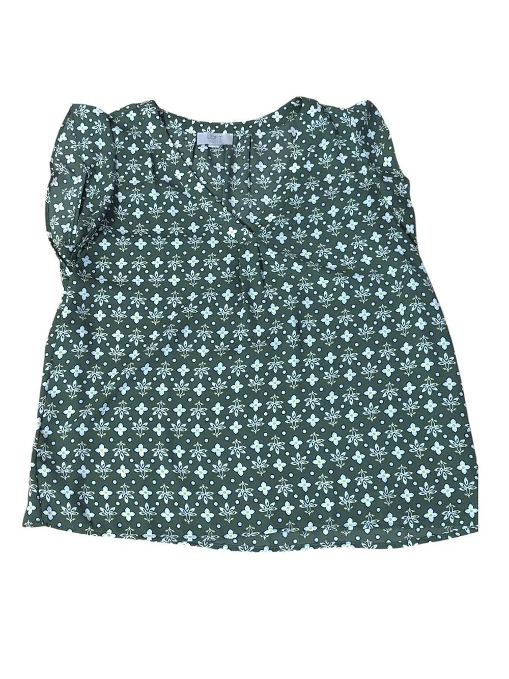 LOFT Green Printed Split-Neck Flutter Sleeve Blouse - Picture 2 of 4